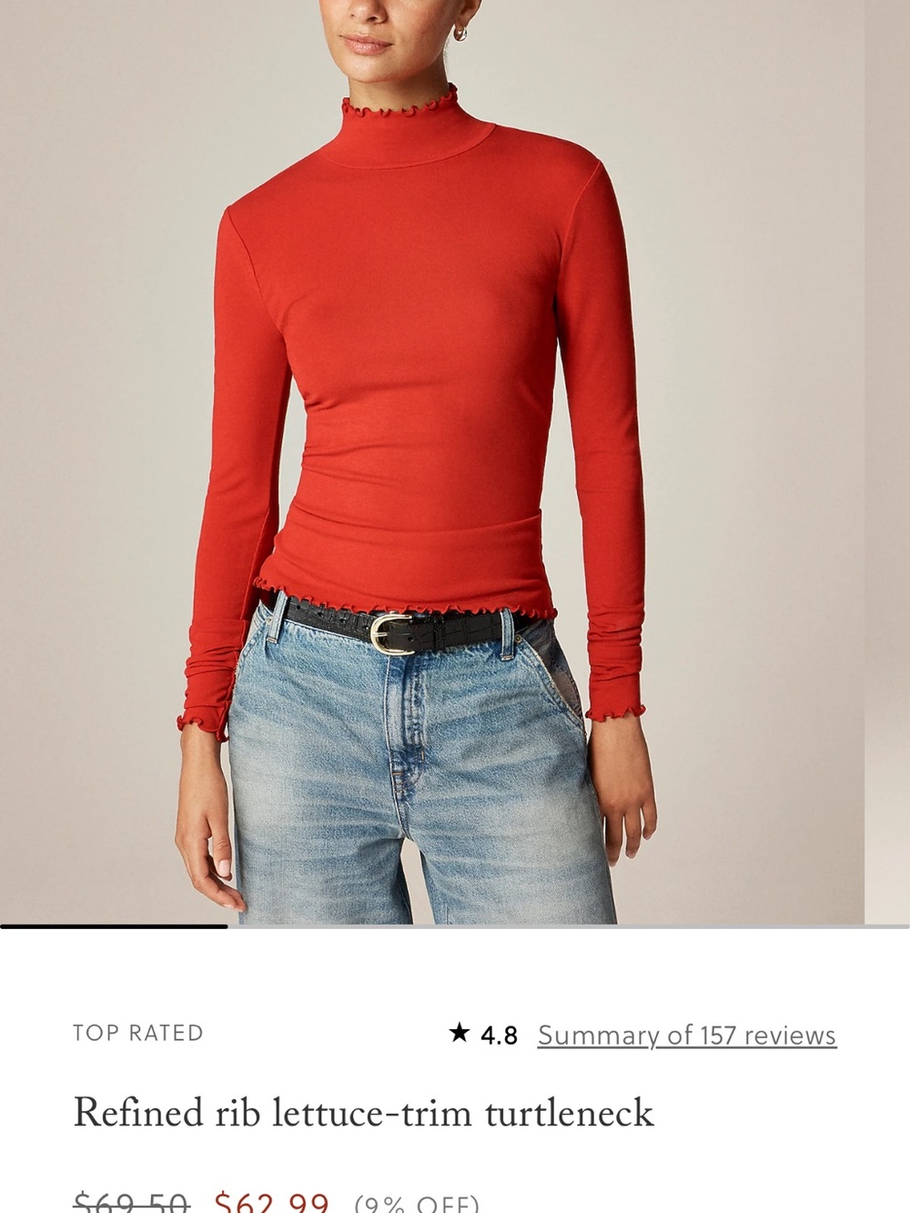 NWOT Size XS JCrewRefined Rib Lettuce-Trim Turtleneck - Red
